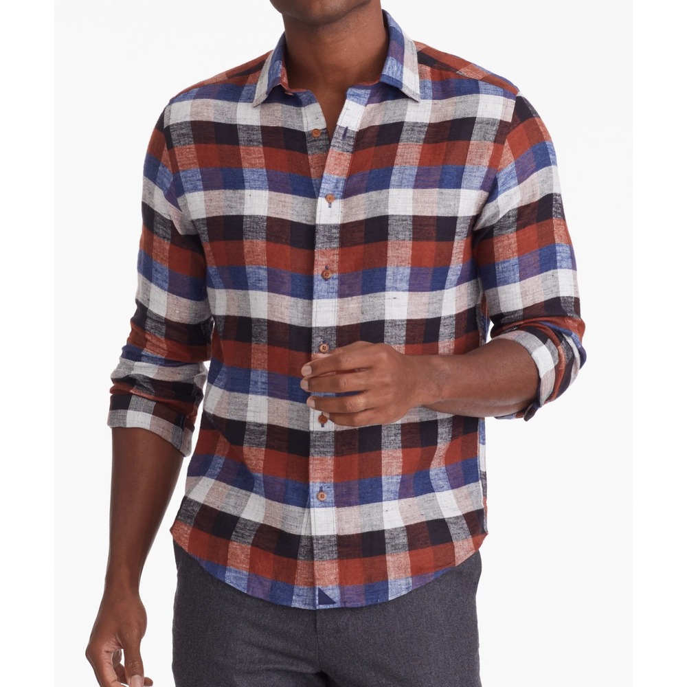 UNTUCKit Men's Large Linen Plaid Flannel Zermatt Arvine Shirt Business Casual